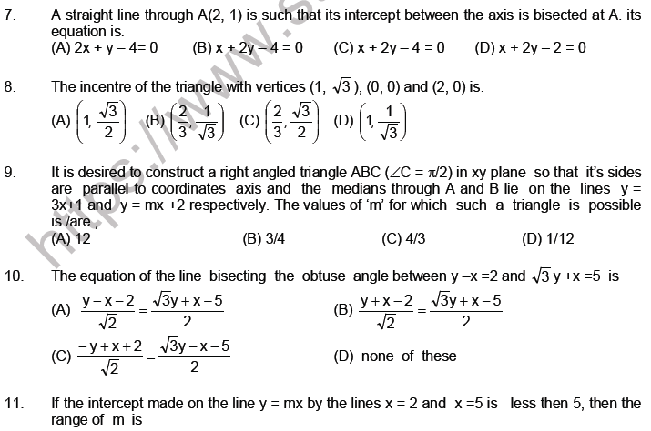 Jee Mathematics Straight Lines Mcqs Set A Multiple Choice Questions 7369